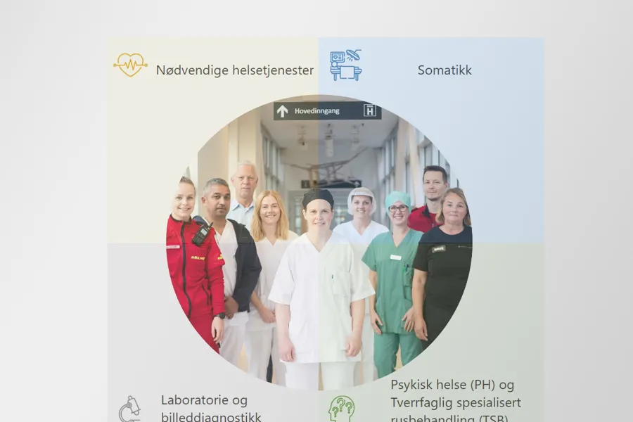 Nettside med diagram og bilde av en gruppe sykehusansatte